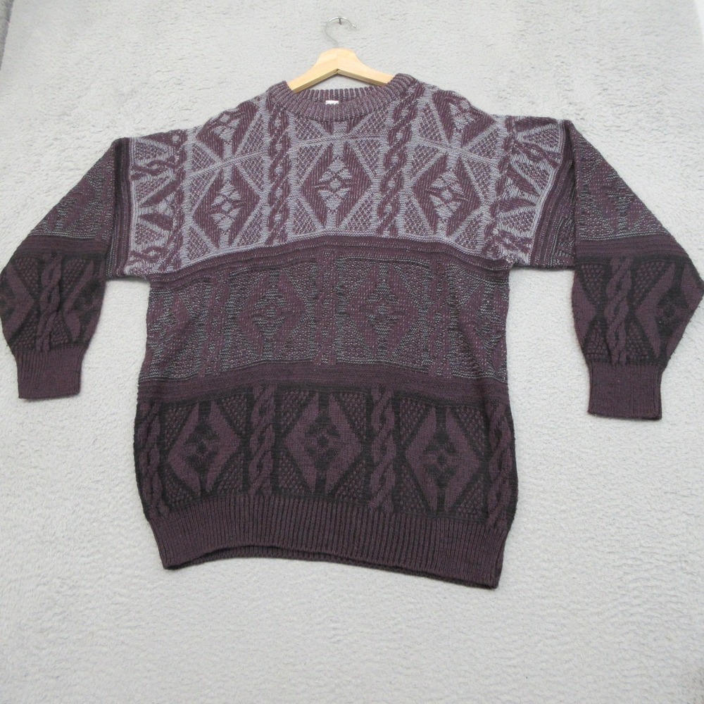 Vtg 80s Mark Alan Cable Knit Sweater Mens L Italian Geometric Print Wool Blend